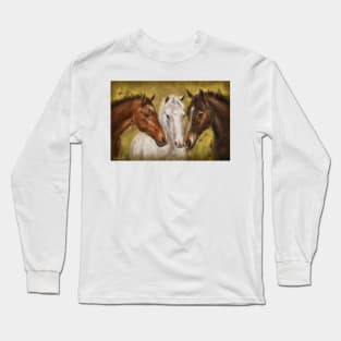 Painting of 3 Horses - Brown and White on Mustard Yellow Background Long Sleeve T-Shirt